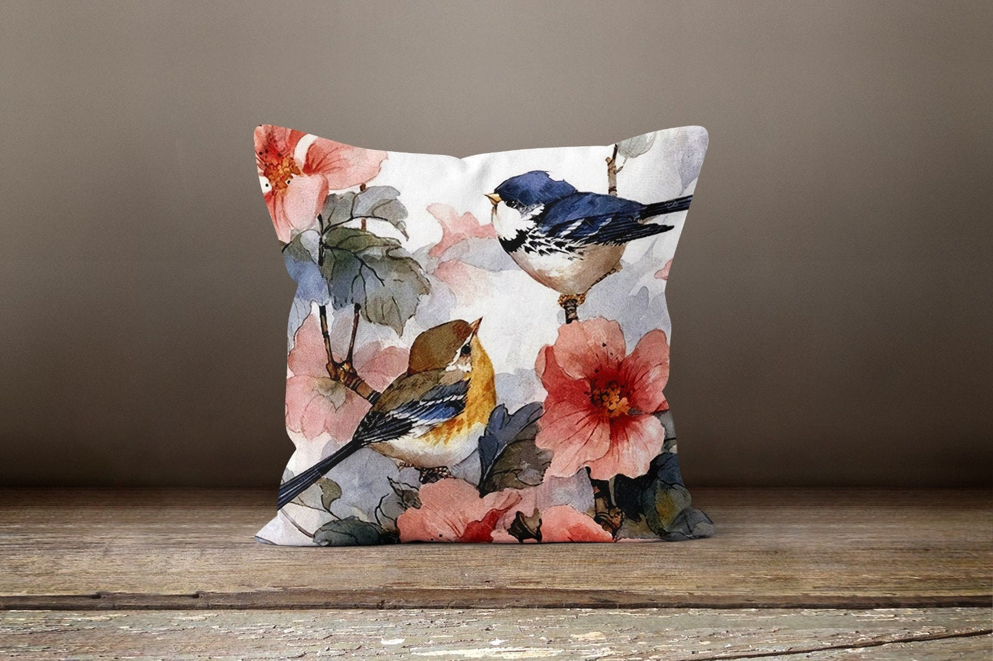 Floral Birdcage Cushion Cover, Winter Birds in Forest Decor