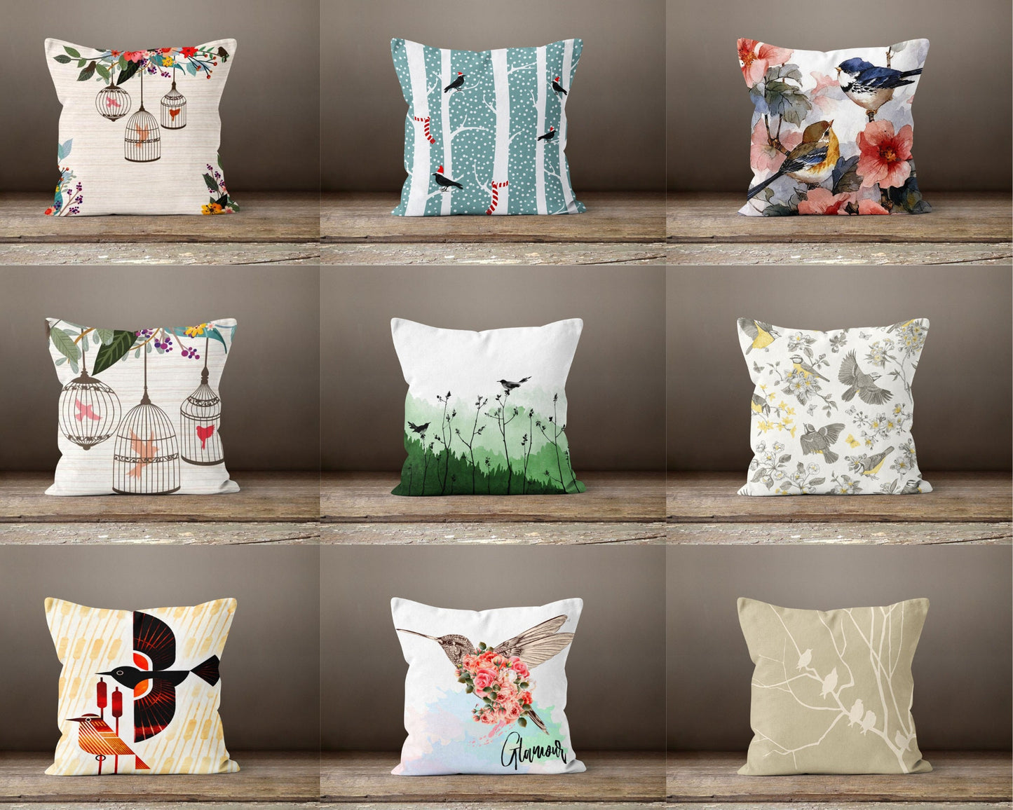 Floral Birdcage Cushion Cover, Winter Birds in Forest Decor