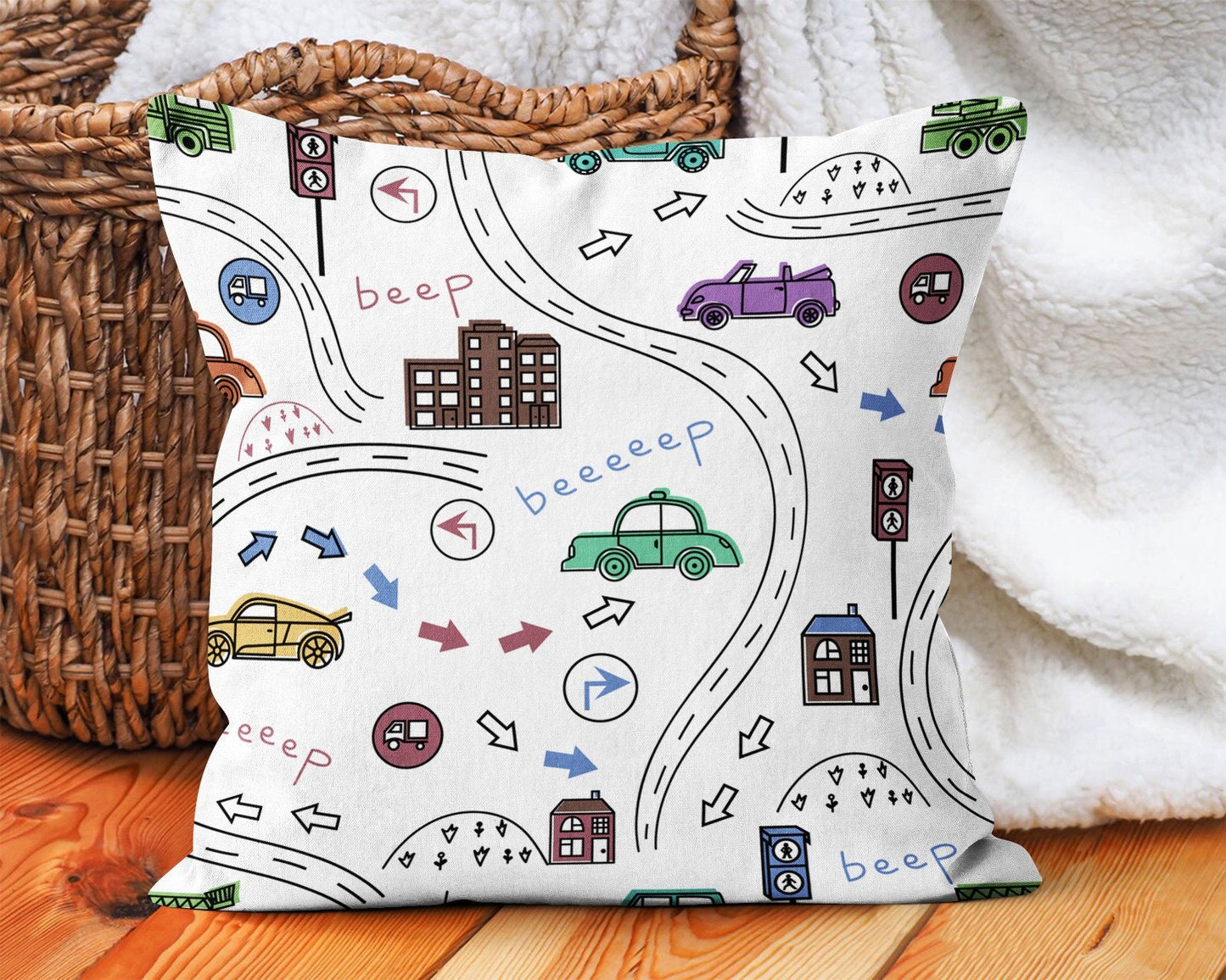 Colorful Cars Cushion Cover, Sporty Fast Cars Design for Kids