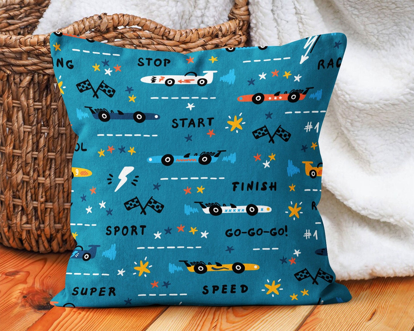 Colorful Cars Cushion Cover, Sporty Fast Cars Design for Kids