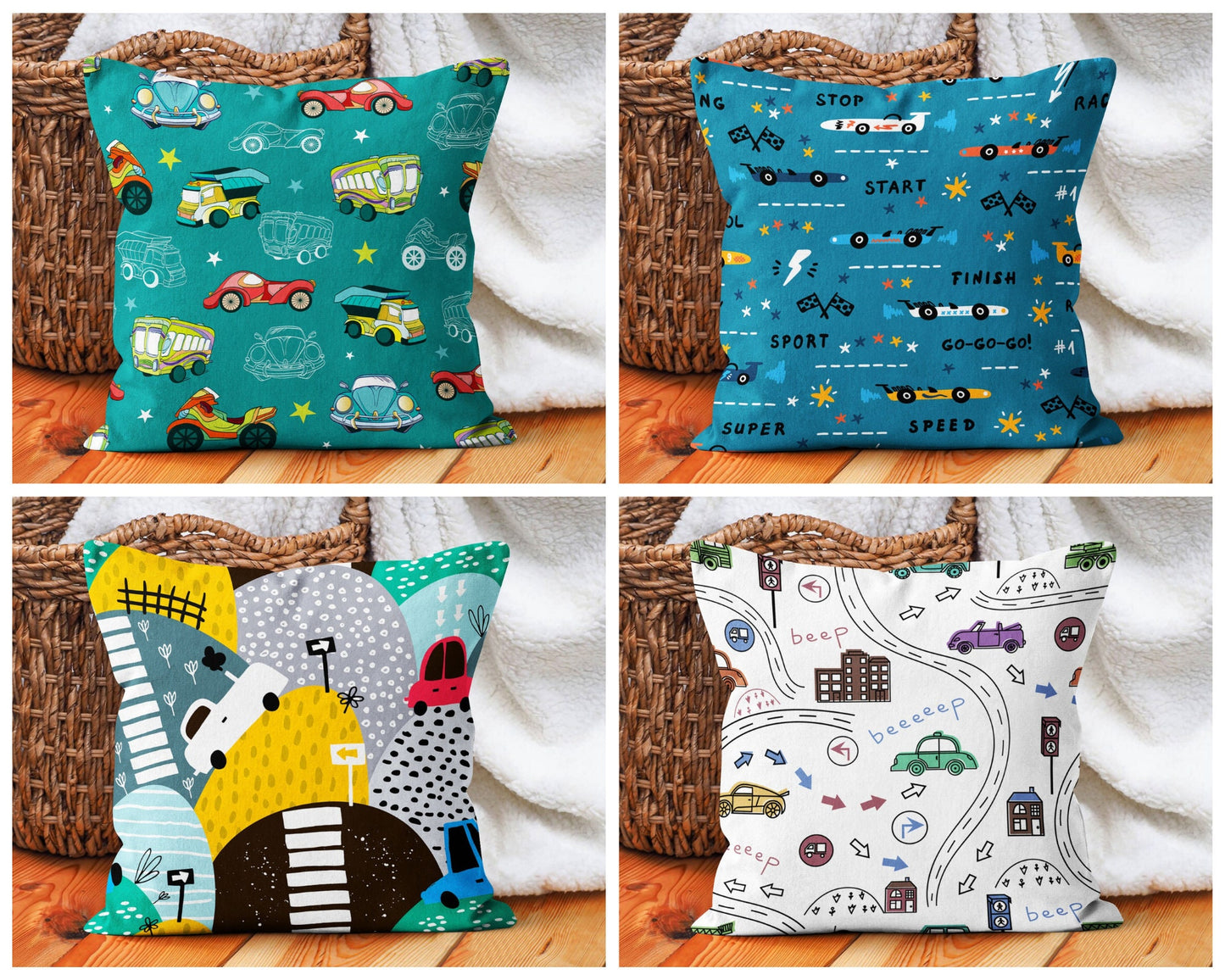 Colorful Cars Cushion Cover, Sporty Fast Cars Design for Kids