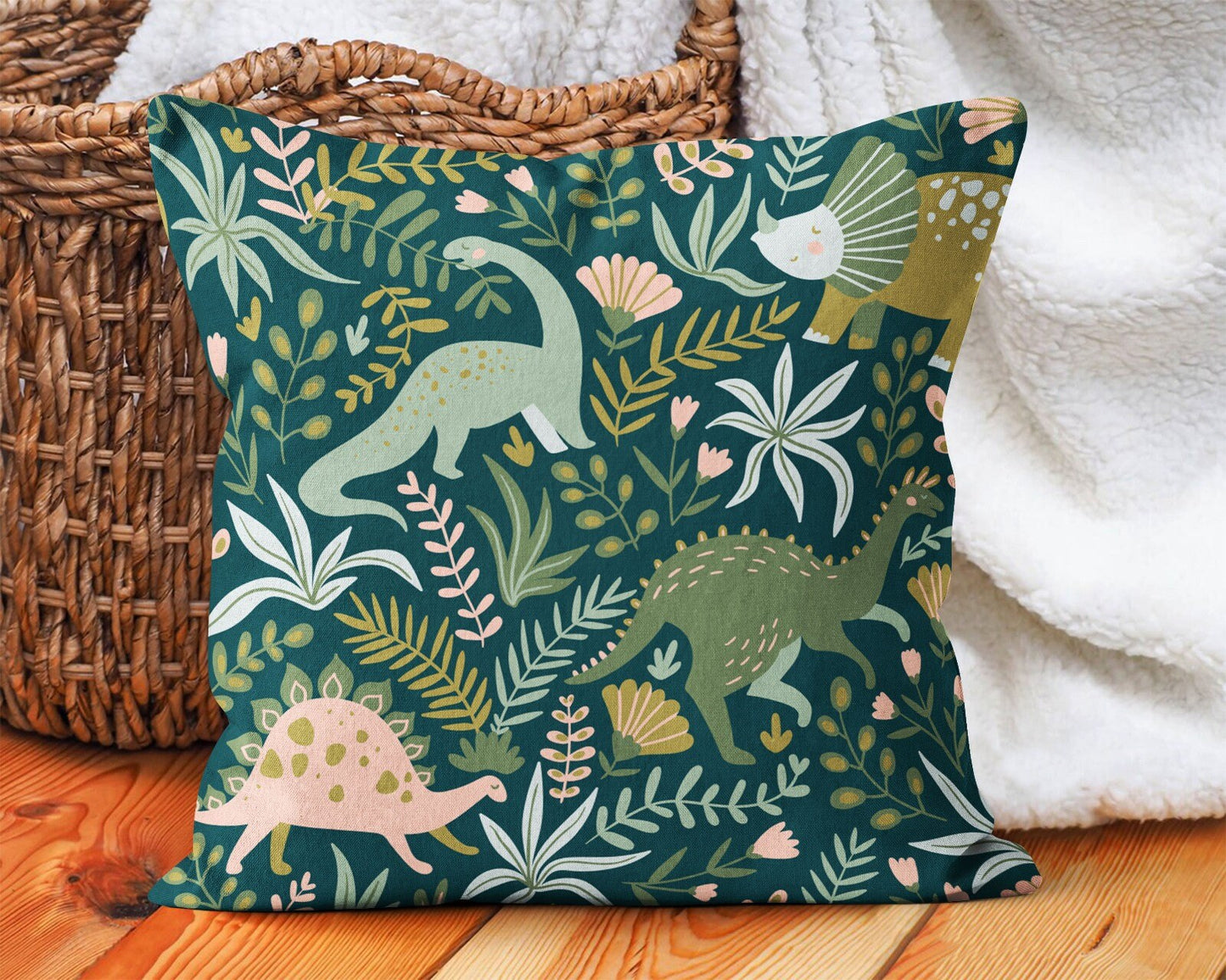 Tropical Dinosaur, Jurassic Cushion Cover, Green Kids Room Decor