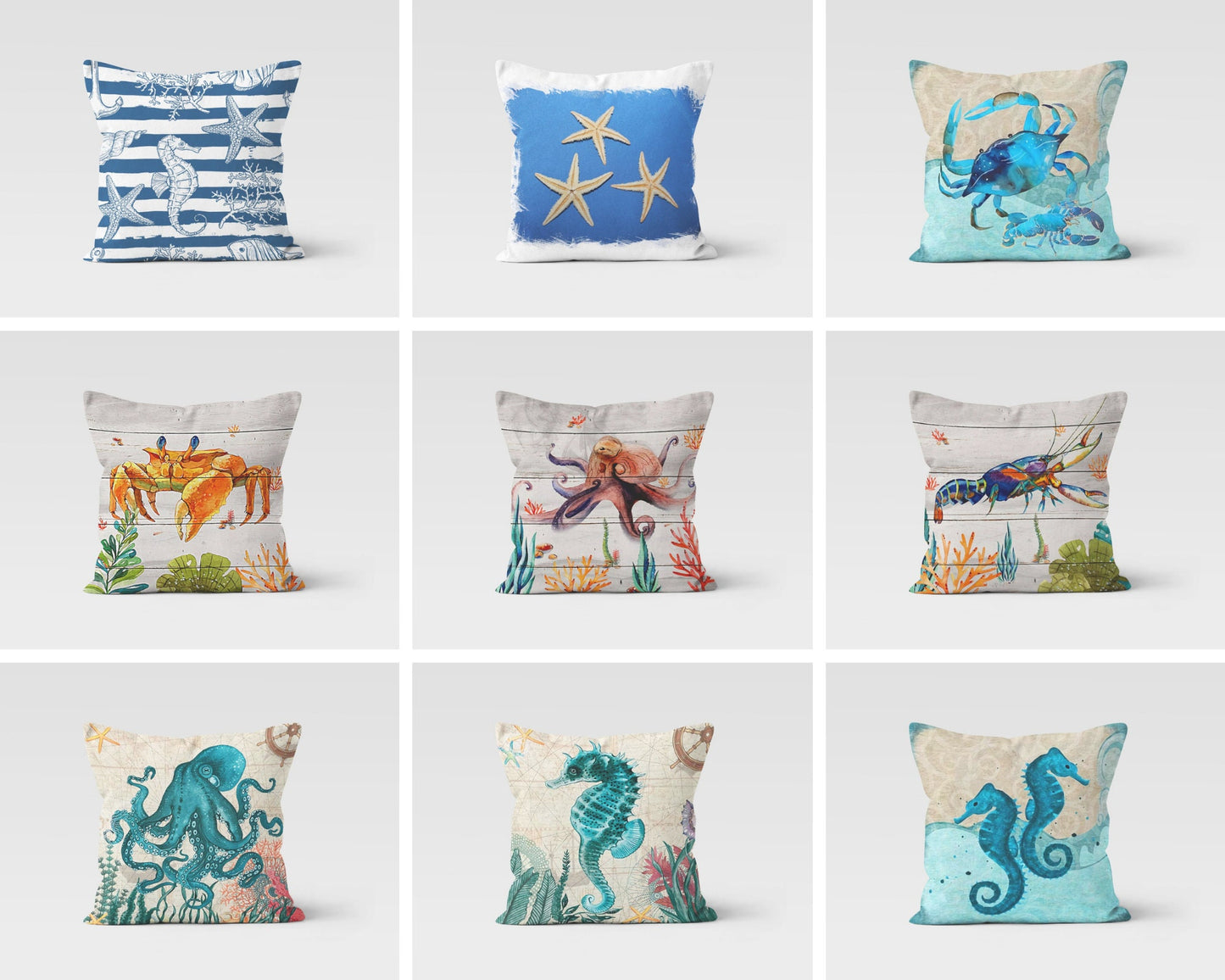 Sea Animals Crab Lobster Nautical Beach Cushion Cover