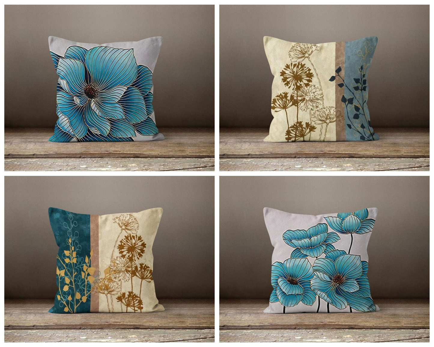 Teal, Gray Floral Cushion Cover, Blue Poppies Botanical Decor