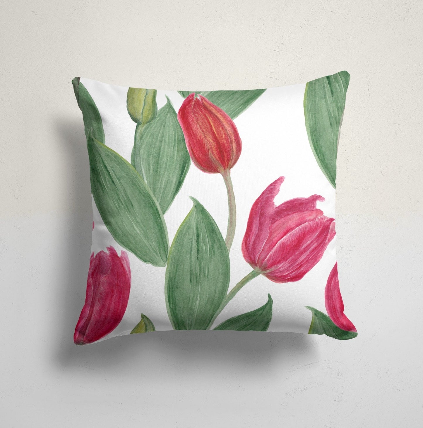 Pink Anthurium Leaves Cushion Cover, Red Tulips Floral Home Decor