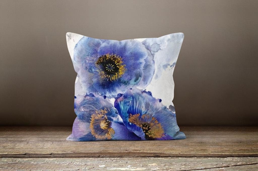 Blue Purple Abstract Paint Effect Floral Cushion Cover