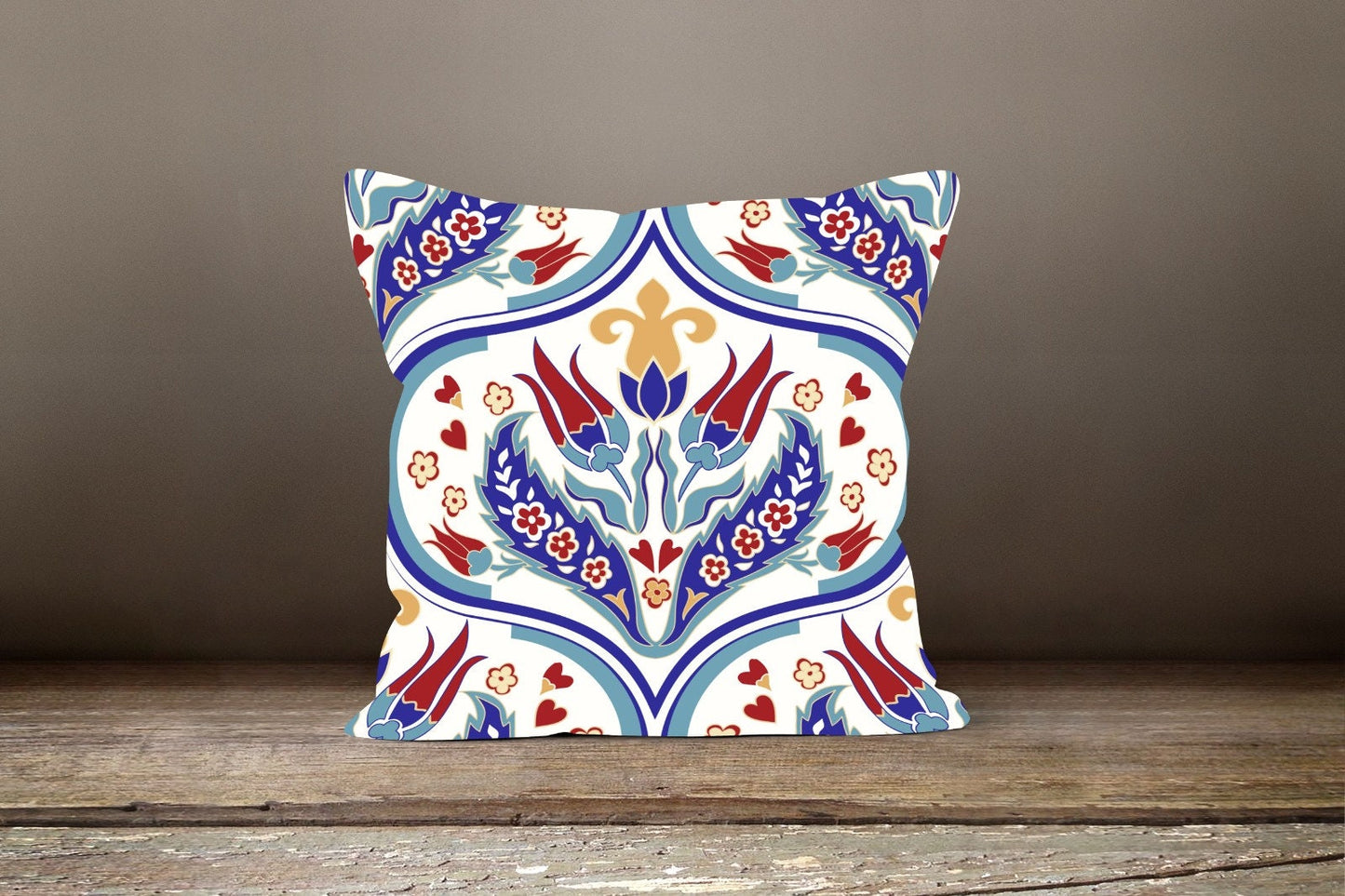 Blue Geometric Turkish Mosaic Style Floral Cushion Cover