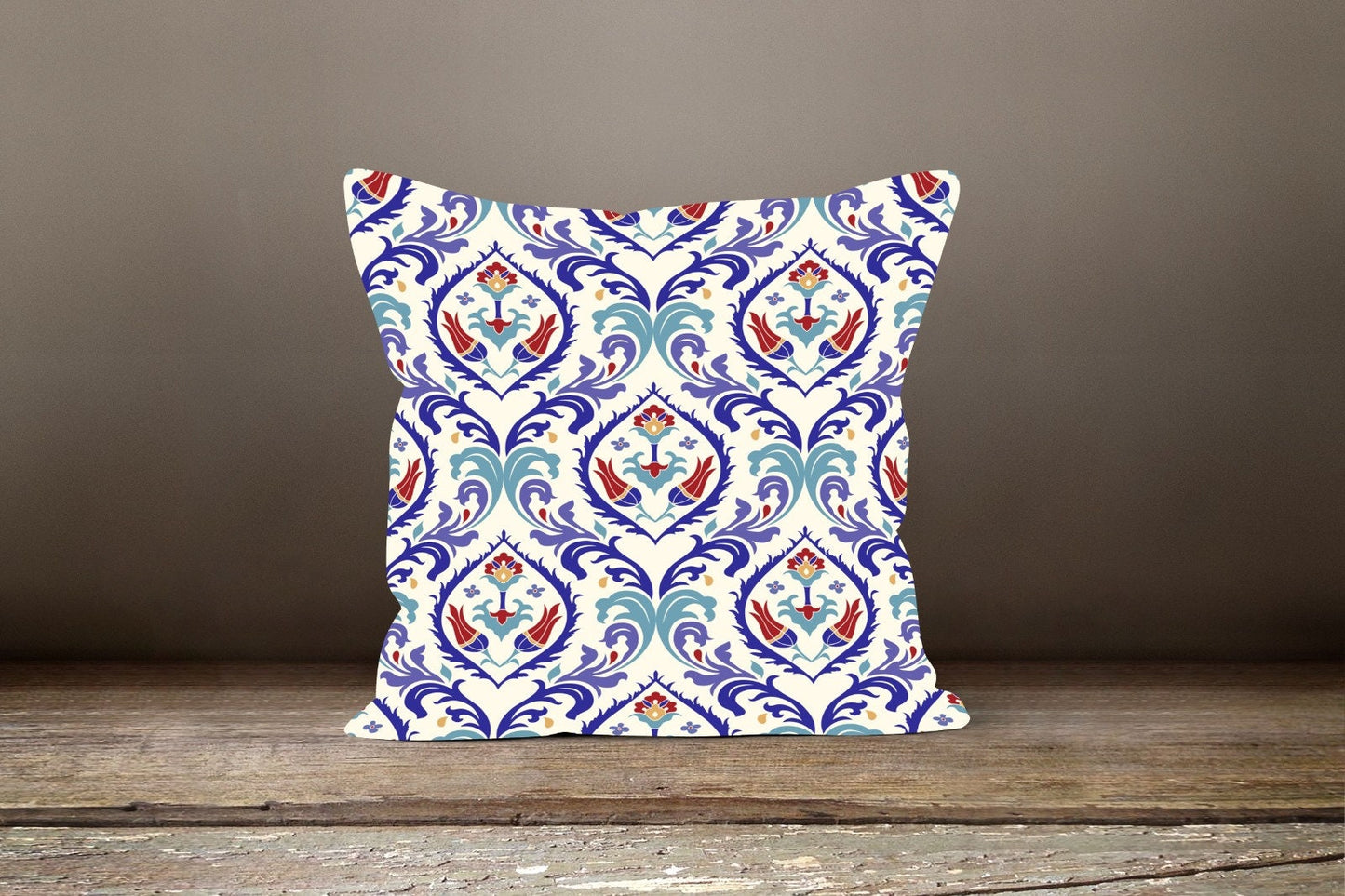 Blue Geometric Turkish Mosaic Style Floral Cushion Cover