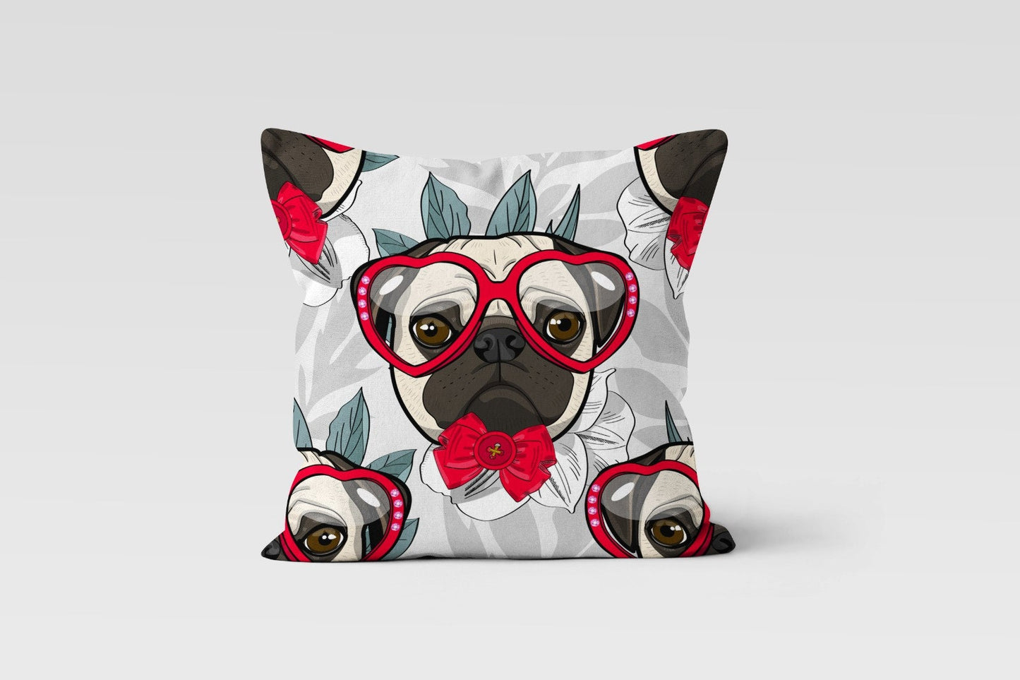 Colorful French Bulldog Cushion Cover, Red Bow and Glasses Dog