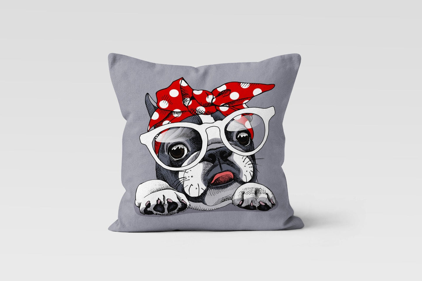 Colorful French Bulldog Cushion Cover, Red Bow and Glasses Dog