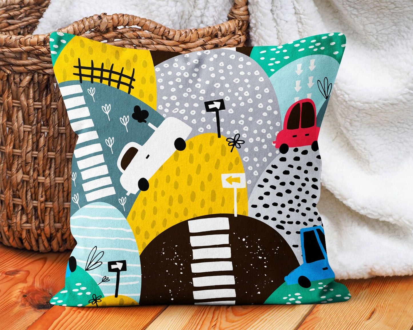Colorful Cars Cushion Cover, Sporty Fast Cars Design for Kids