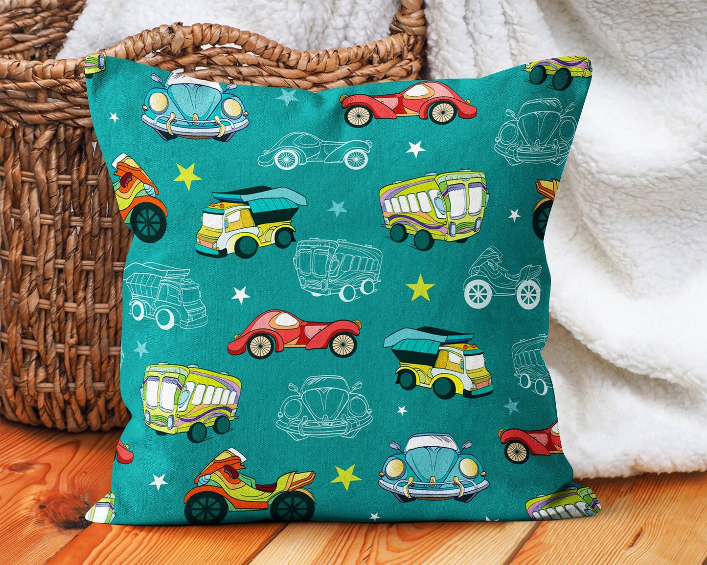 Colorful Cars Cushion Cover, Sporty Fast Cars Design for Kids