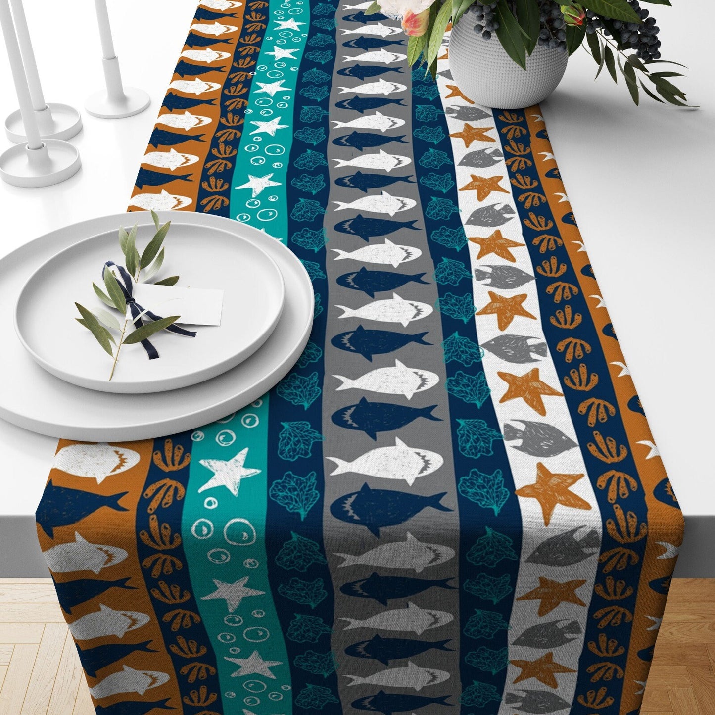 Nautical Seashell Anchor Beach House Table Runner