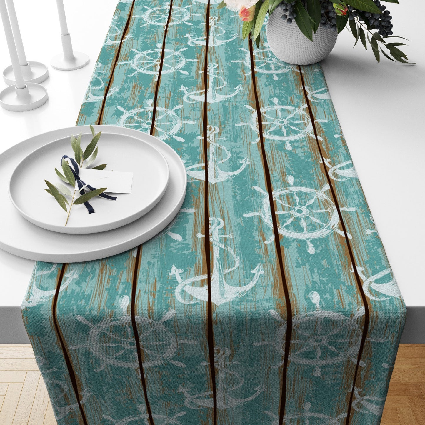 Nautical Seashell Anchor Beach House Table Runner