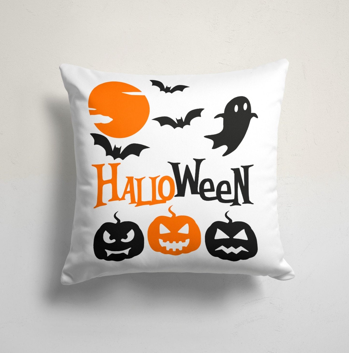 Bat Ghost and Scary Pumpkin Pattern Halloween Cushion Cover