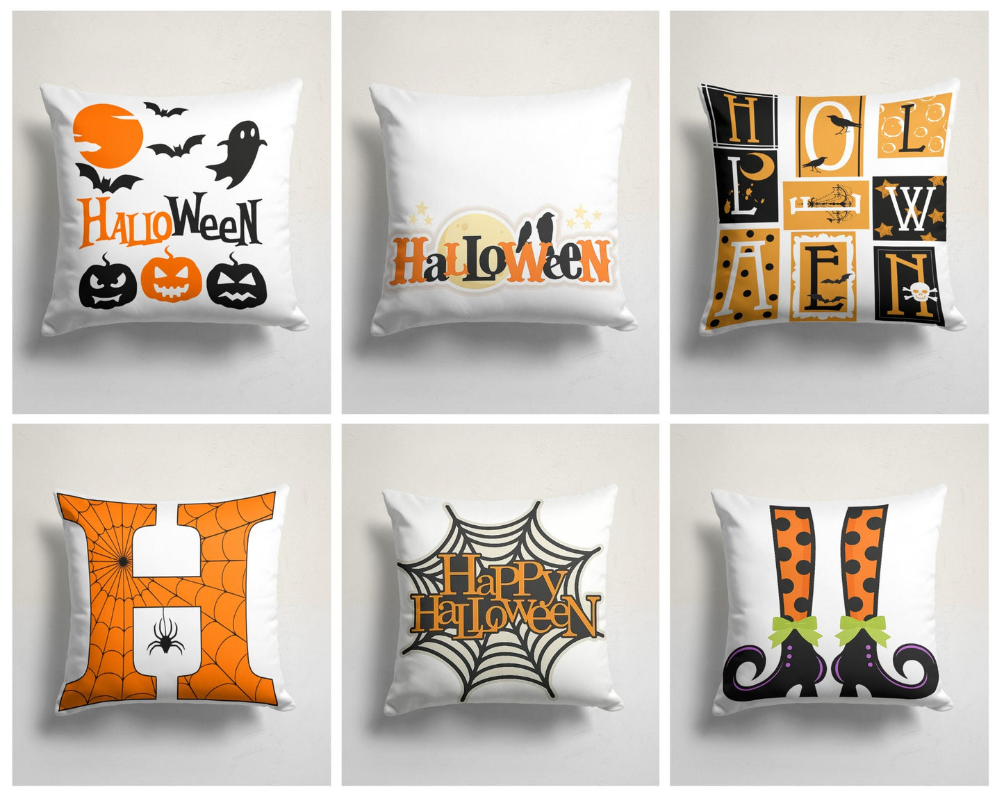 Bat Ghost and Scary Pumpkin Pattern Halloween Cushion Cover