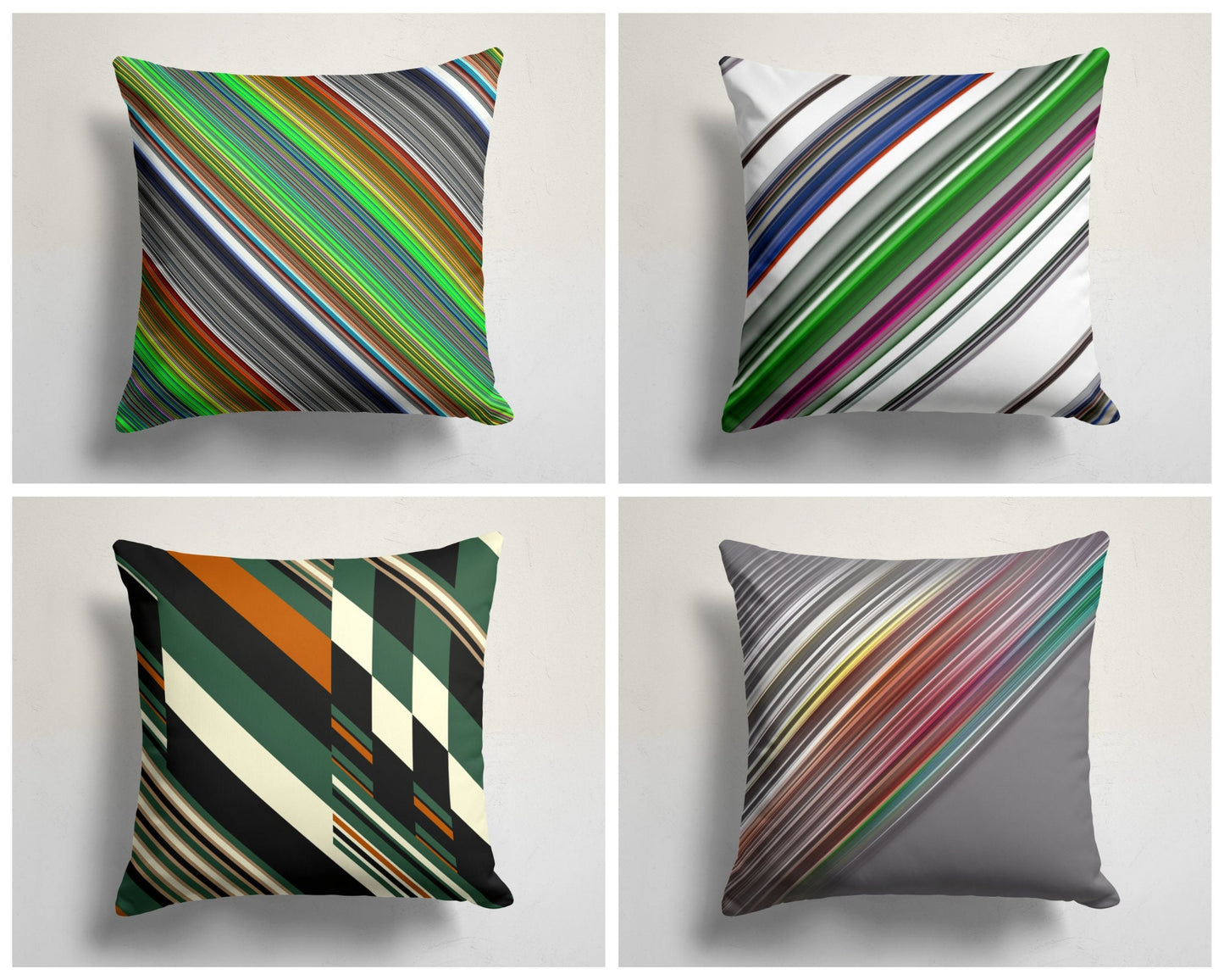Green Geometric Vibrant Diagonal Stripes Design Cushion Cover