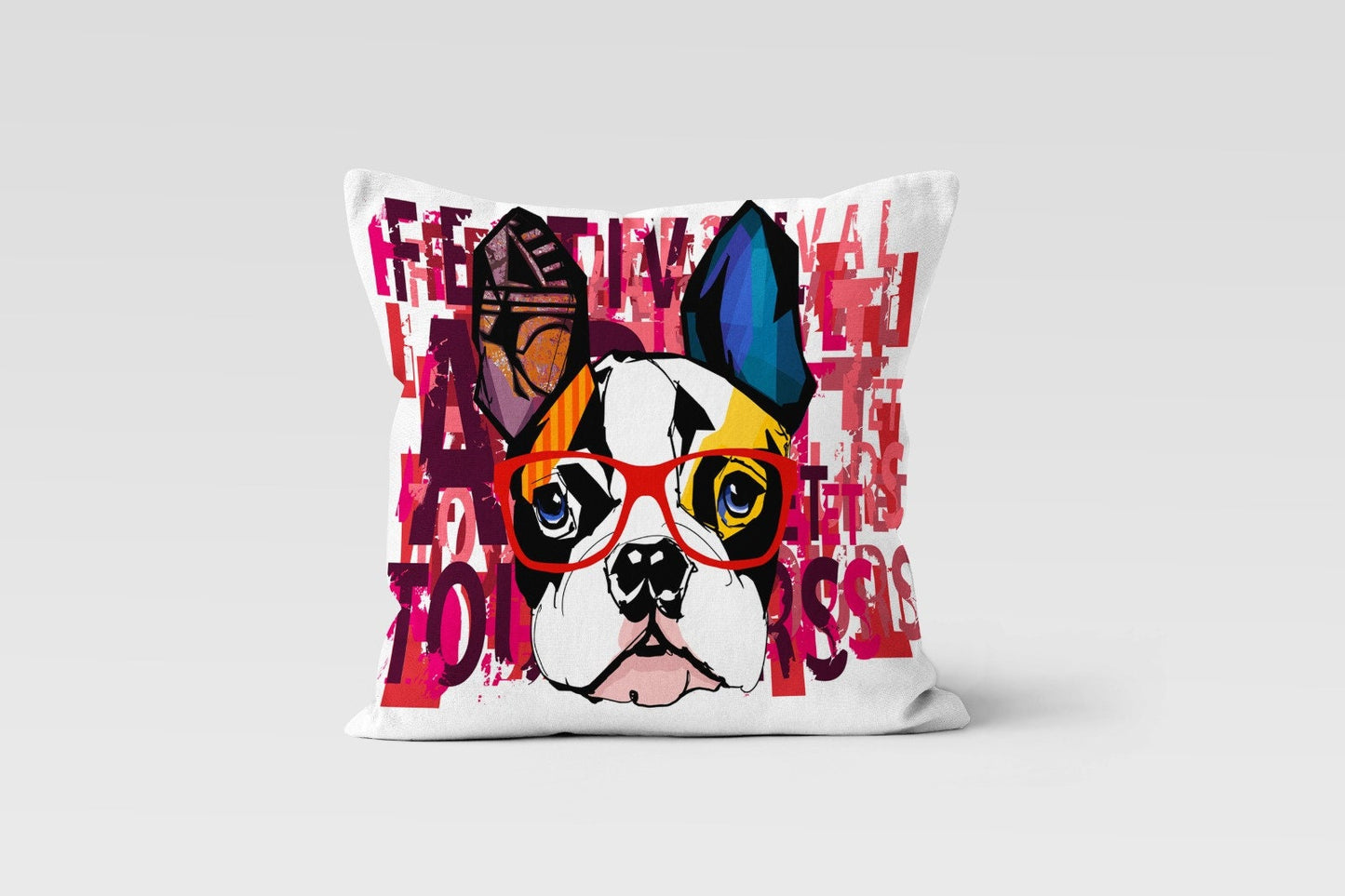 Colorful French Bulldog Cushion Cover, Red Bow and Glasses Dog