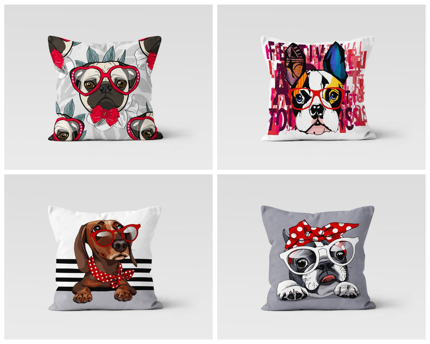 Colorful French Bulldog Cushion Cover, Red Bow and Glasses Dog
