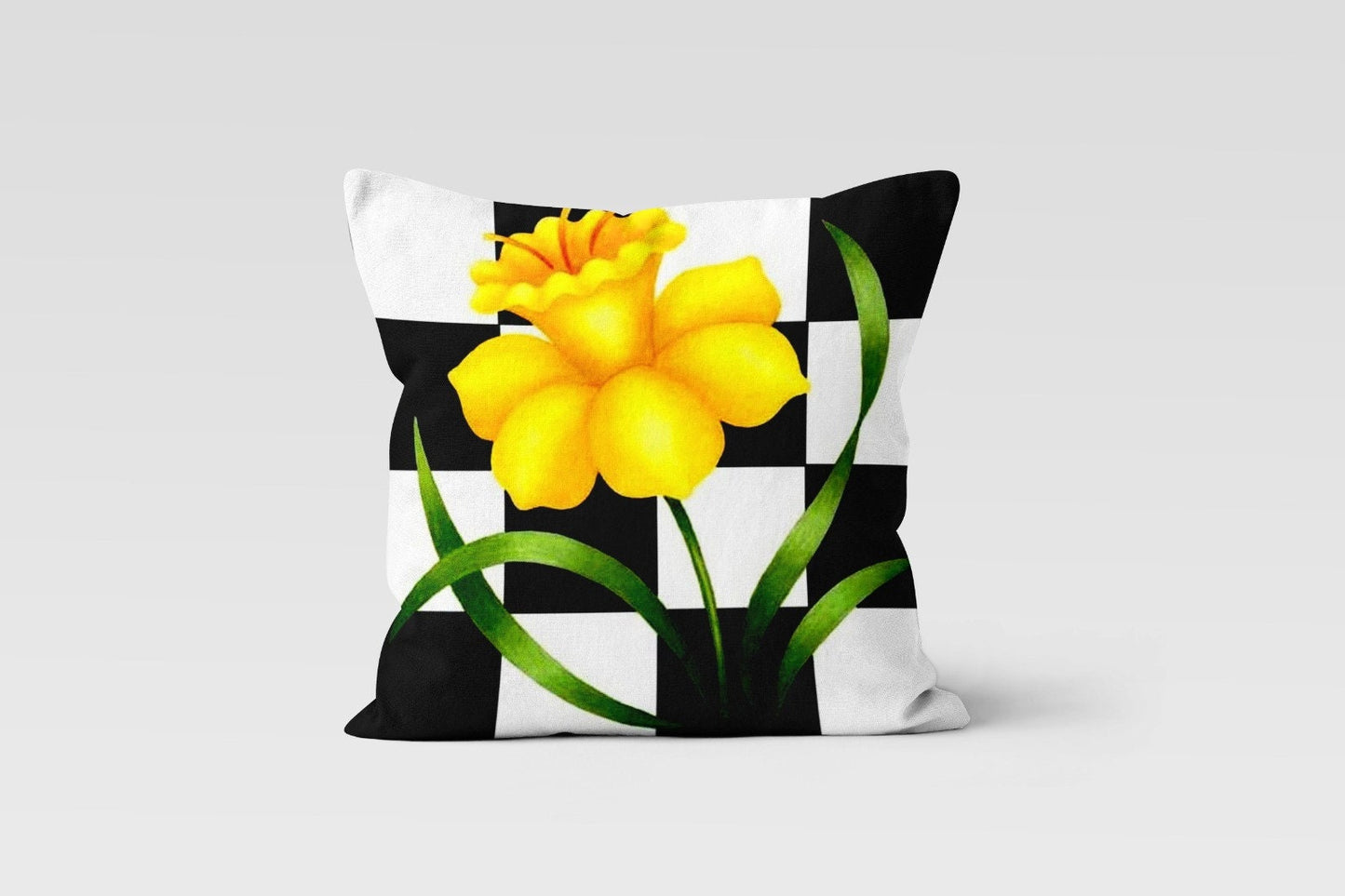 Yellow Daffodil on Checkered Cushion Cover, Bright, Bold Decor