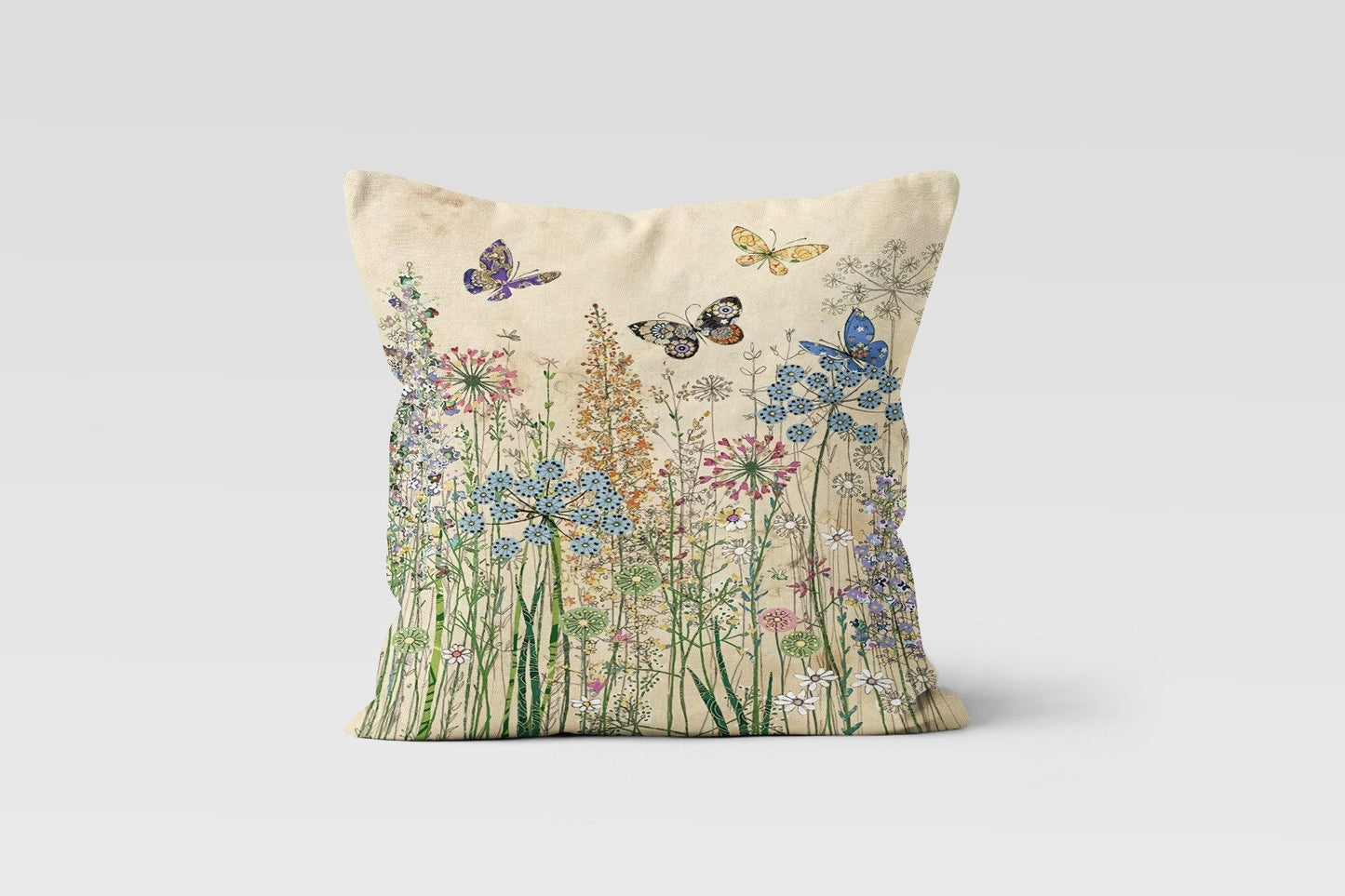 Butterfly & Cat Spring Flower Cushion Cover