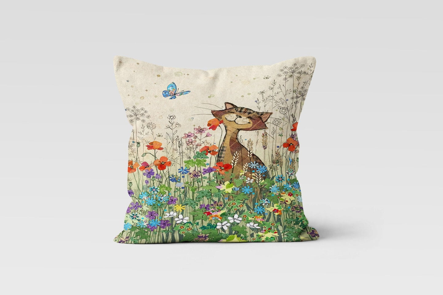 Butterfly & Cat Spring Flower Cushion Cover
