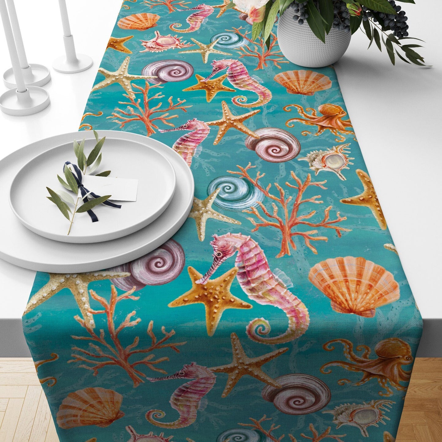 Nautical Seashell Anchor Beach House Table Runner