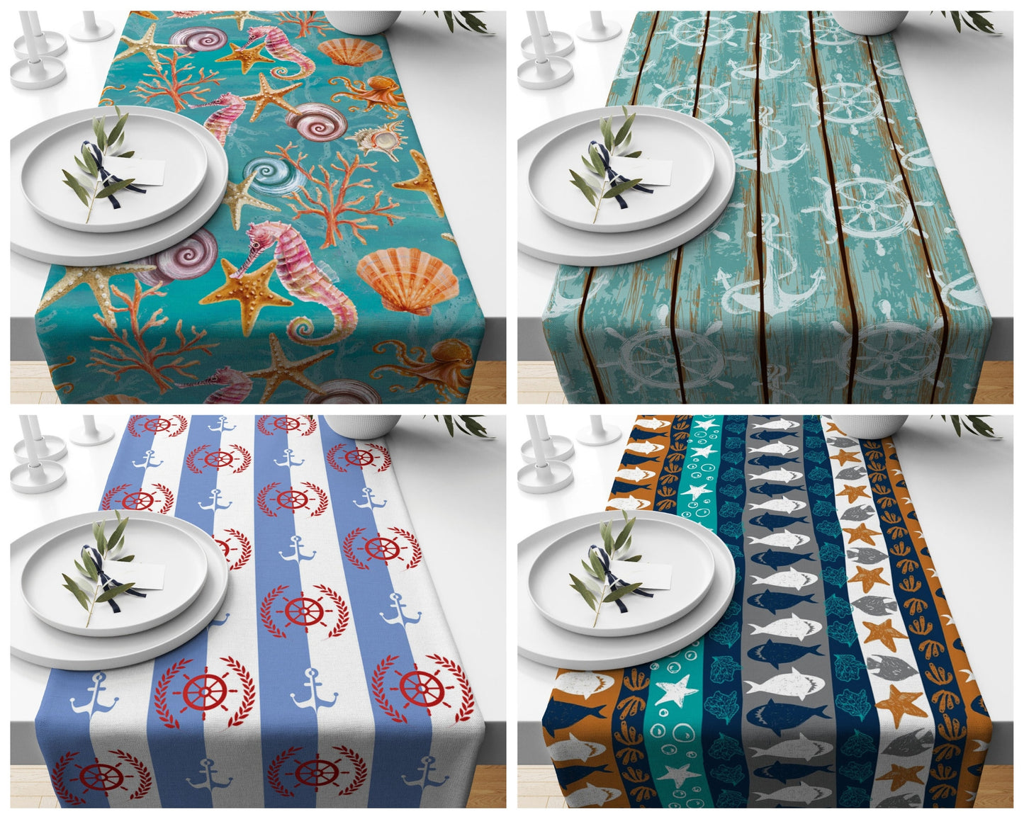 Nautical Seashell Anchor Beach House Table Runner