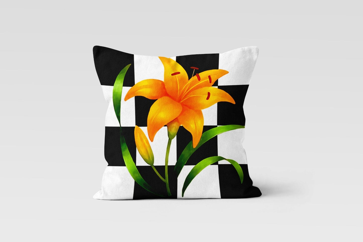 Yellow Daffodil on Checkered Cushion Cover, Bright, Bold Decor