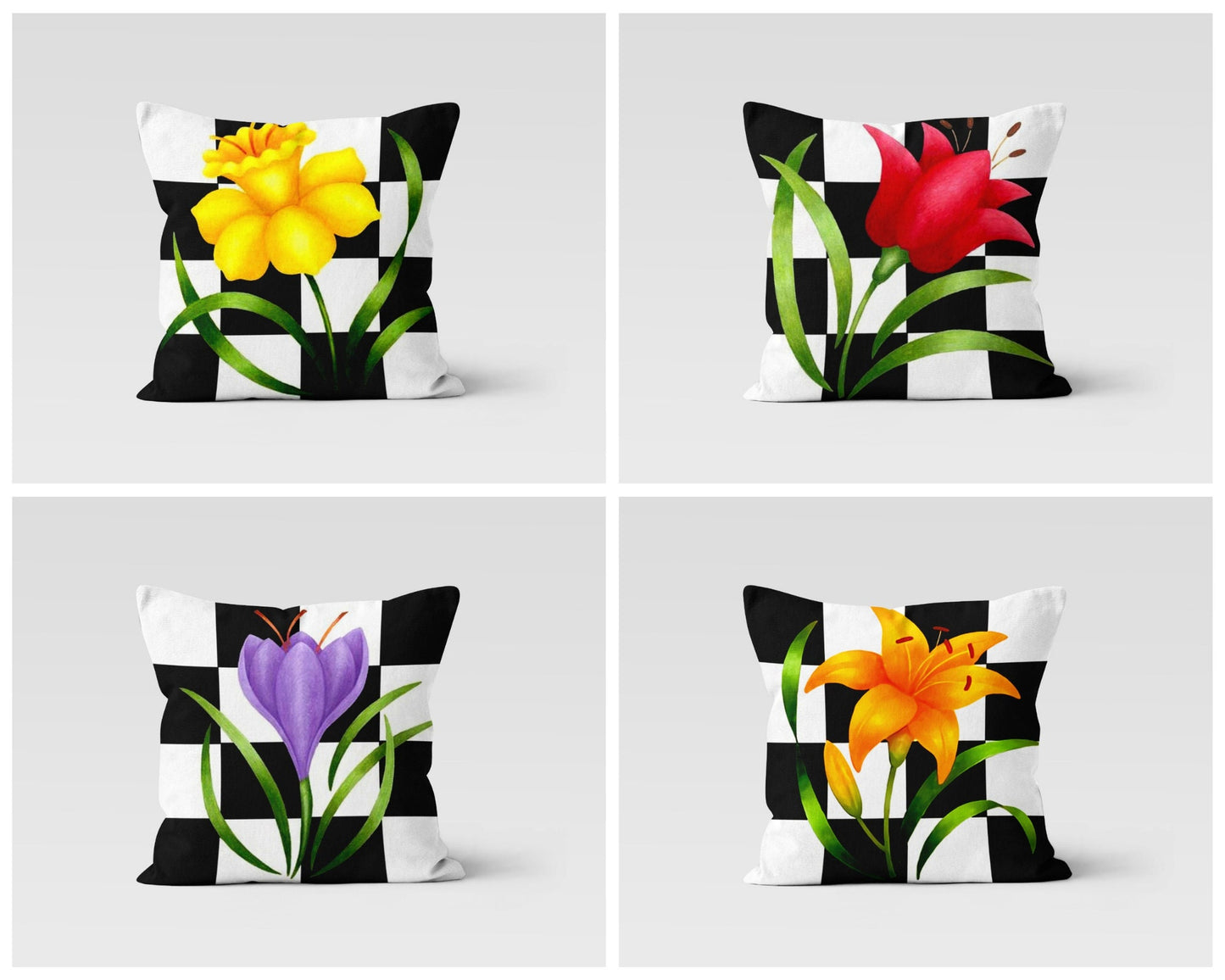 Yellow Daffodil on Checkered Cushion Cover, Bright, Bold Decor