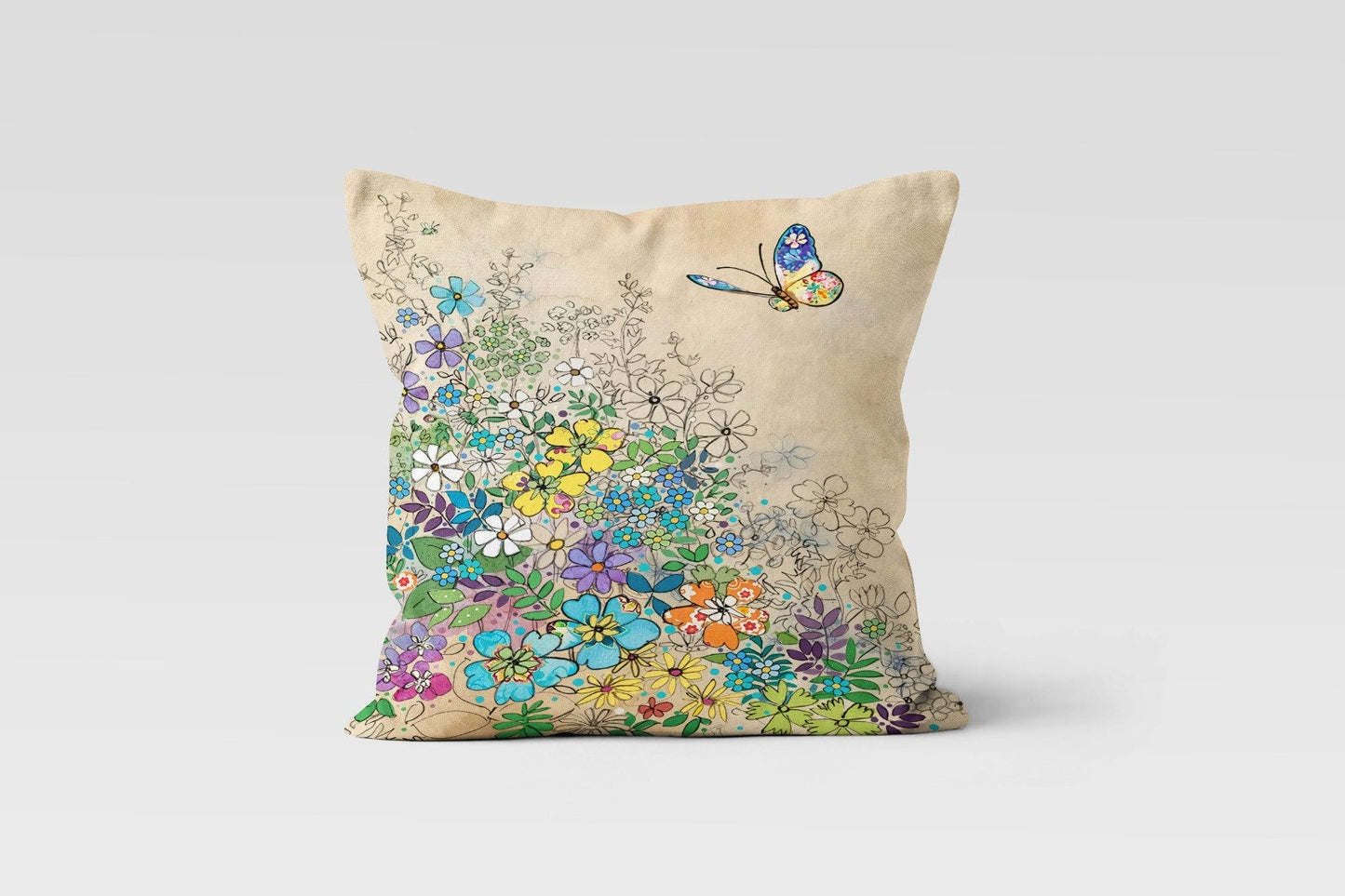 Butterfly & Cat Spring Flower Cushion Cover