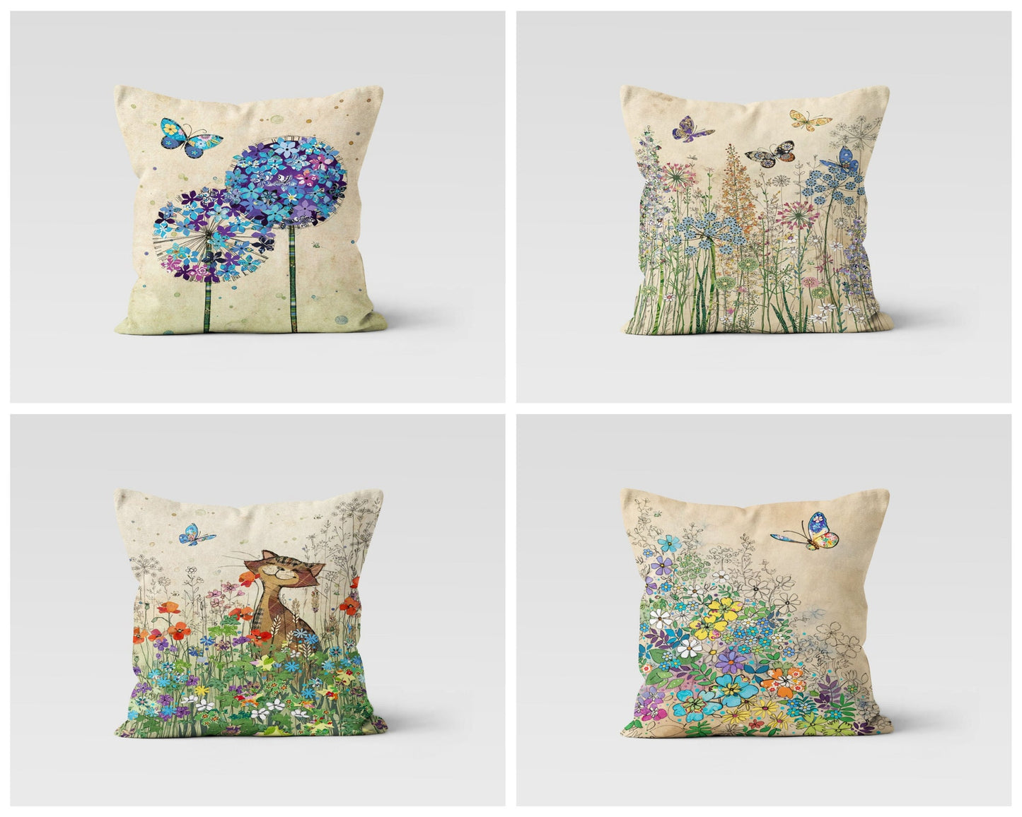 Butterfly & Cat Spring Flower Cushion Cover