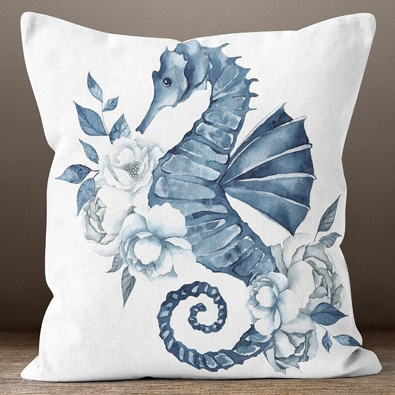 Navy Blue with Seahorse Coral Pattern Nautical Cushion Covers