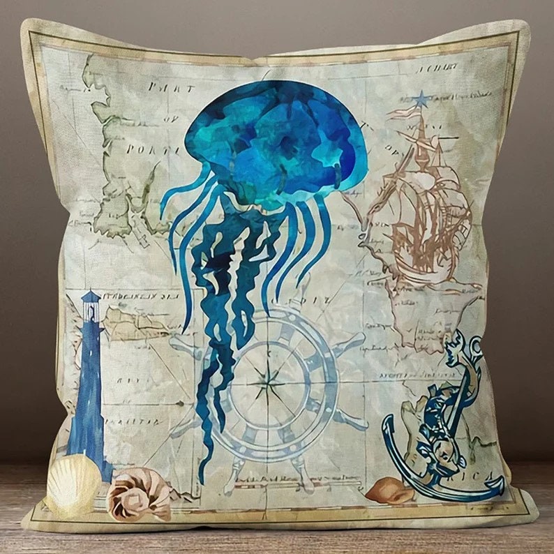 Navy Blue with Seahorse Coral Pattern Nautical Cushion Covers