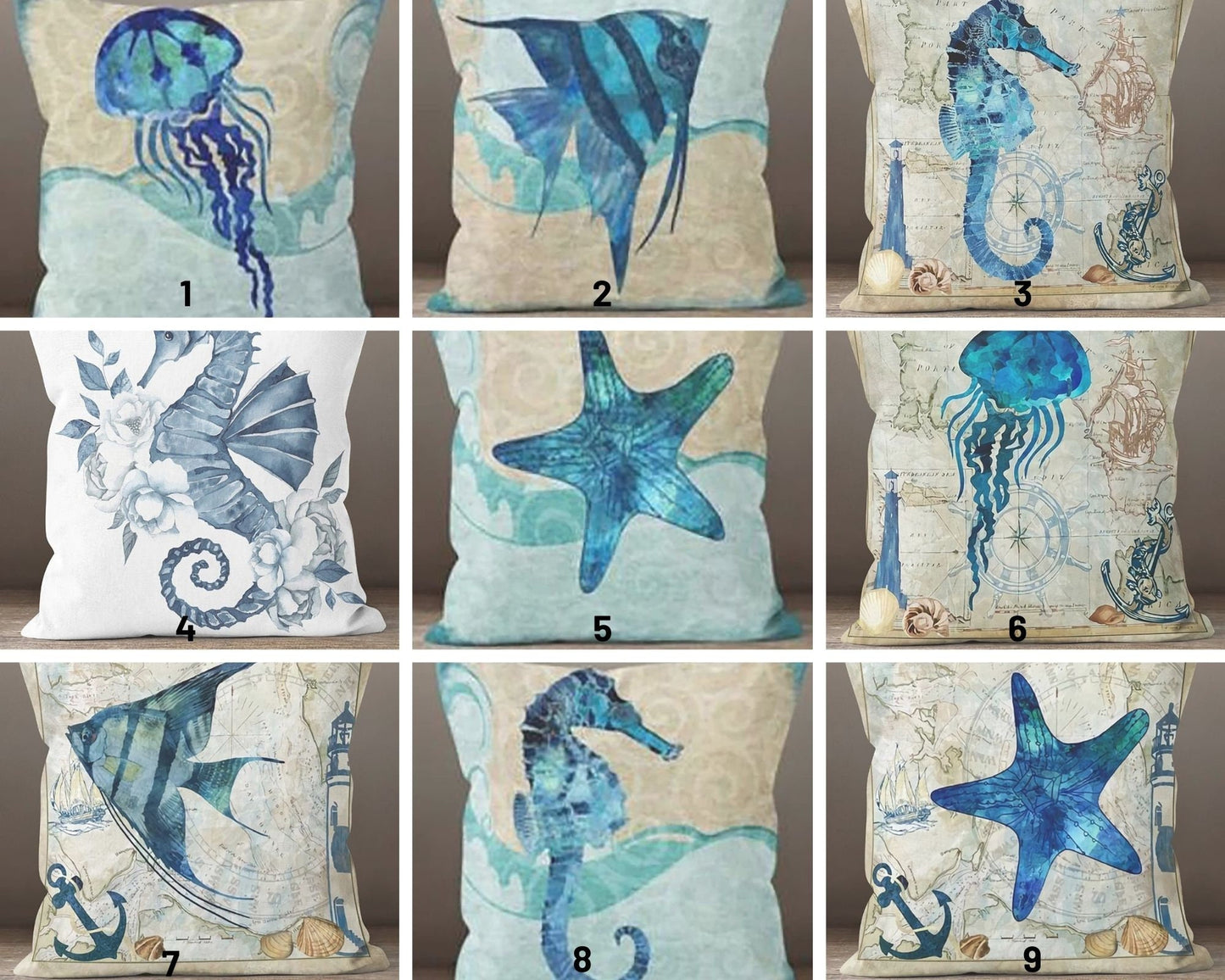 Navy Blue with Seahorse Coral Pattern Nautical Cushion Covers