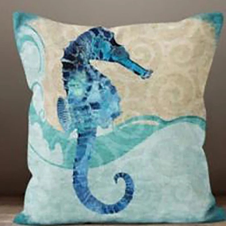 Navy Blue with Seahorse Coral Pattern Nautical Cushion Covers