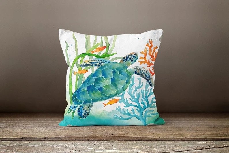 Nautical Coastal Sea Turtle Coral Printed Cushion Cover