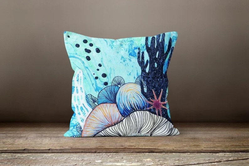 Nautical Coastal Sea Turtle Coral Printed Cushion Cover