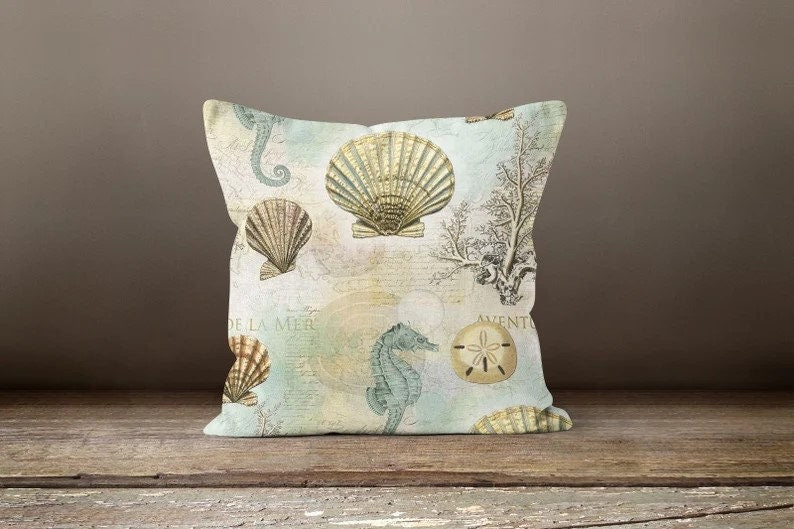 Shells and Seahorse Pillow Cover, Nautical Coastal Home Accent