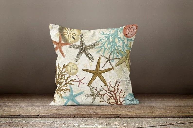 Shells and Seahorse Pillow Cover, Nautical Coastal Home Accent