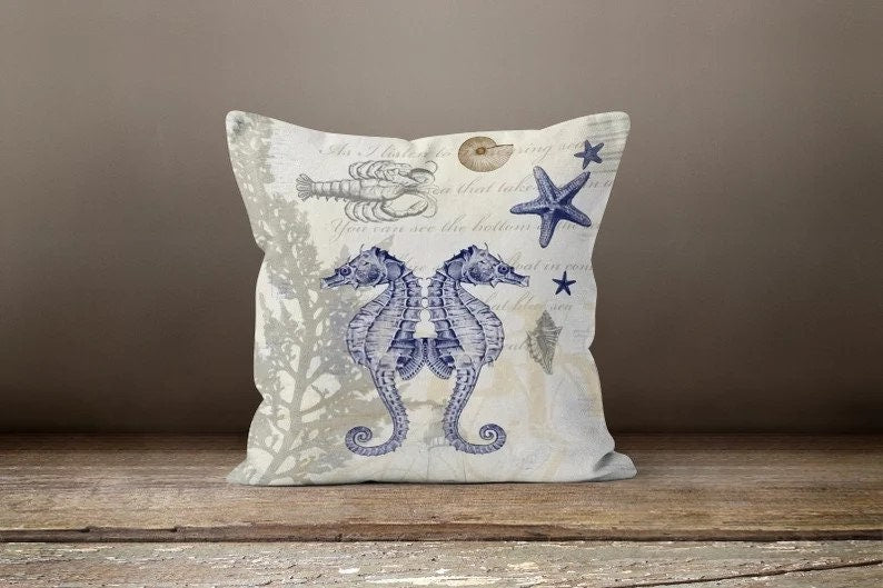 Shells and Seahorse Pillow Cover, Nautical Coastal Home Accent