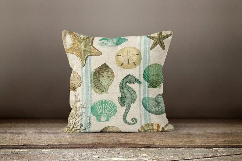 Shells and Seahorse Pillow Cover, Nautical Coastal Home Accent