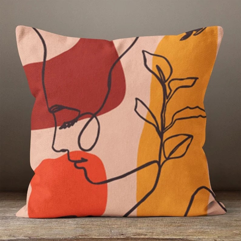 Line Art Face Themed Throw Cushion Cover