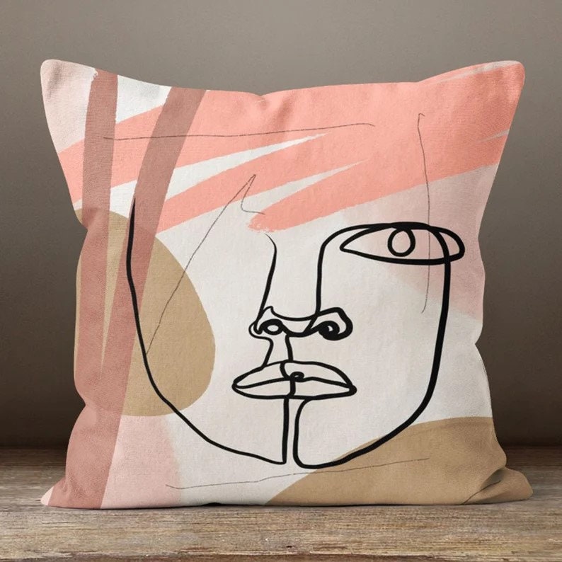Line Art Face Themed Throw Cushion Cover