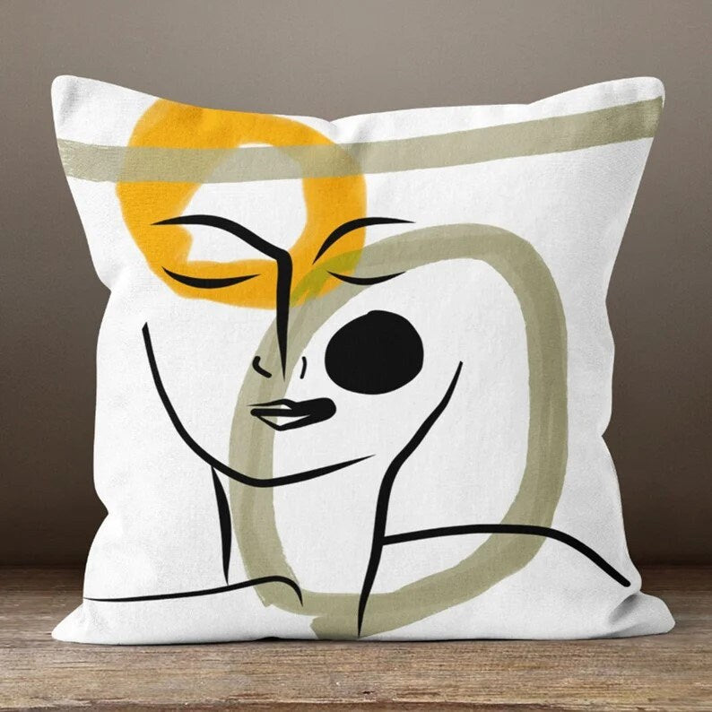 Yellow or Green Minimalist Line Art Faces Cushion Cover
