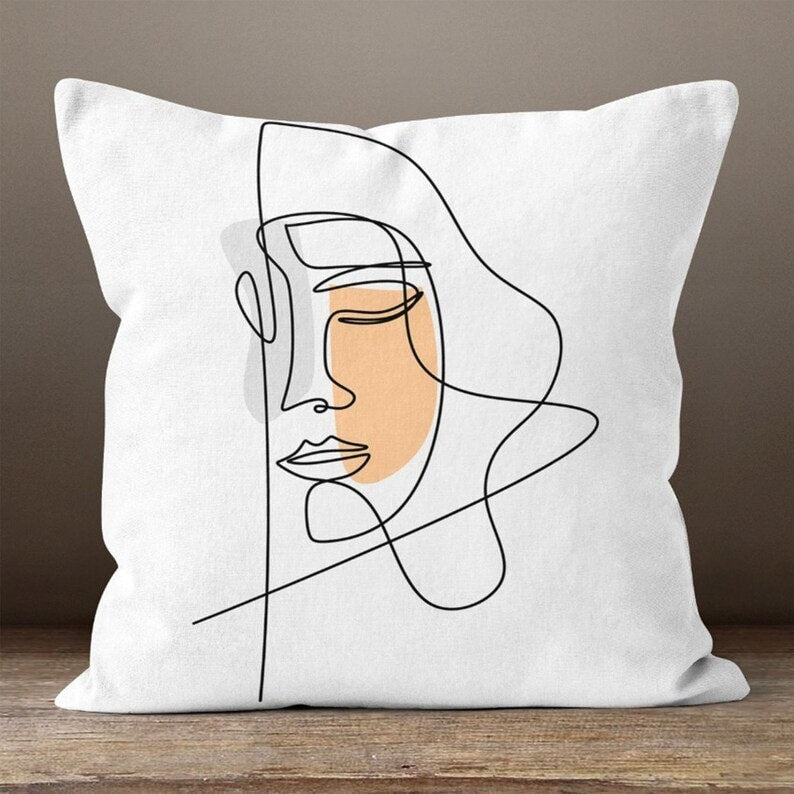 Yellow or Green Minimalist Line Art Faces Cushion Cover