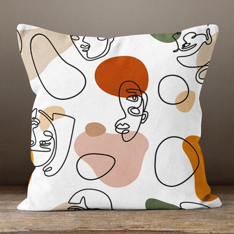 Yellow or Green Minimalist Line Art Faces Cushion Cover