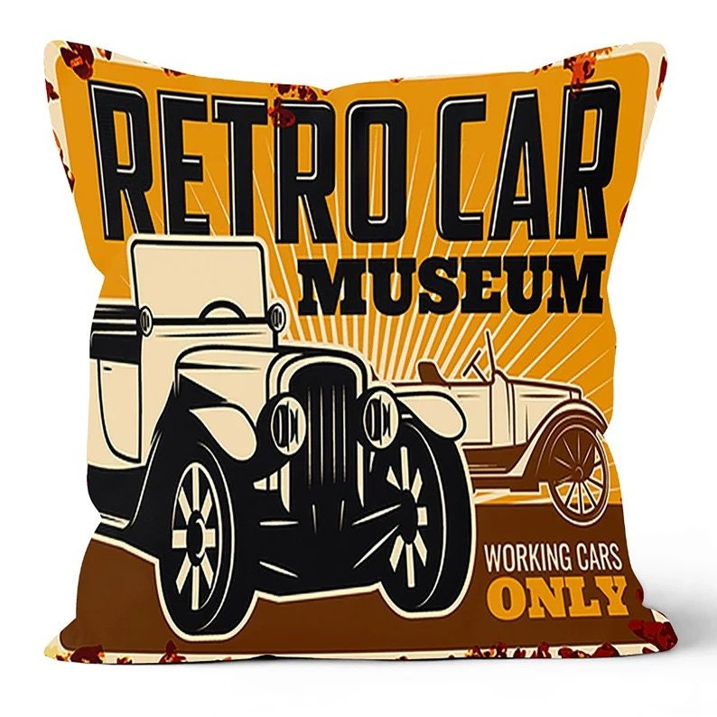 Retro Car Museum, Classic Auto, Nostalgic Garage Cushion Cover