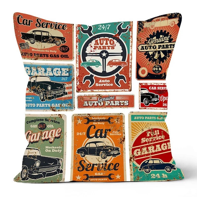 Retro Car Museum, Classic Auto, Nostalgic Garage Cushion Cover