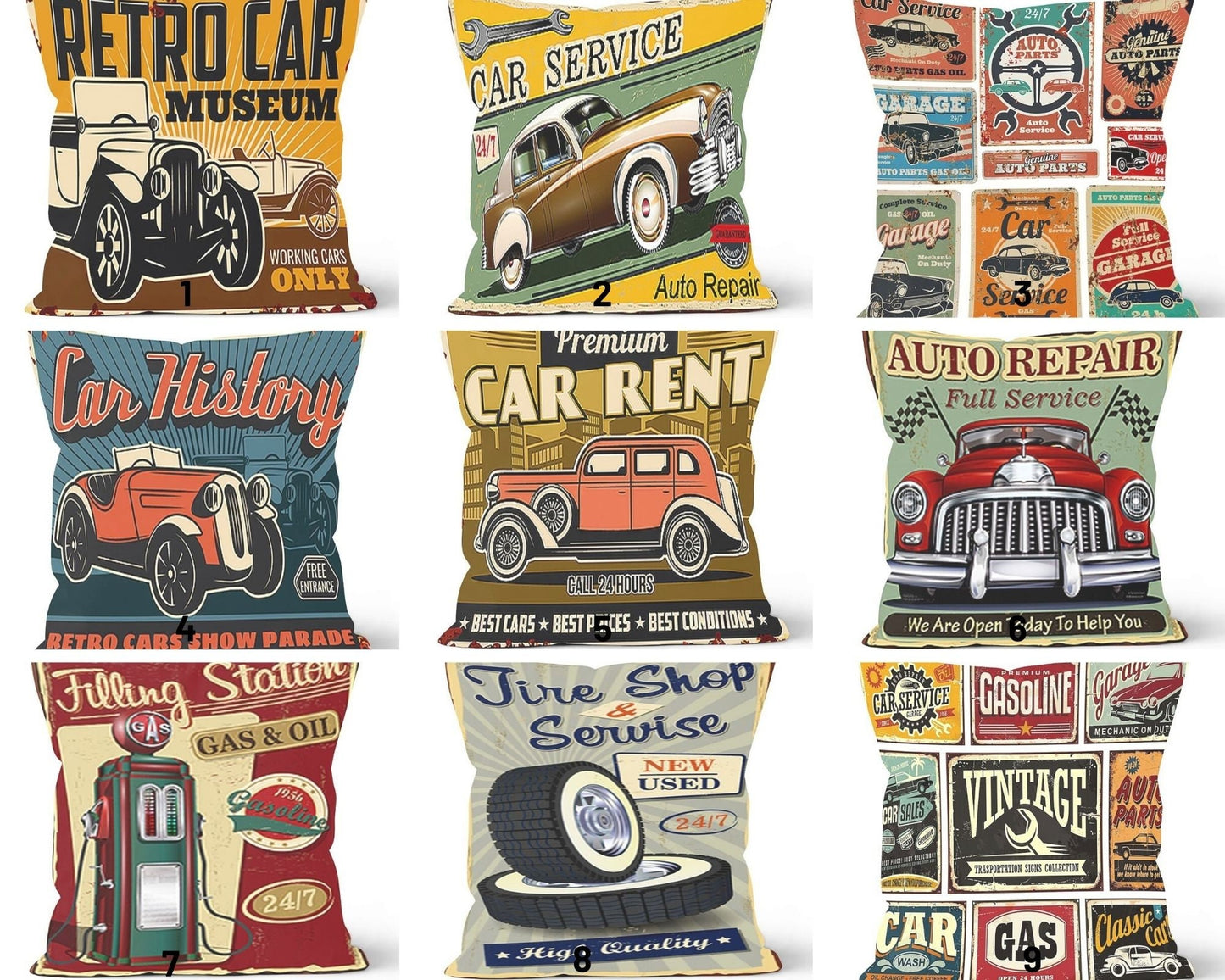Retro Car Museum, Classic Auto, Nostalgic Garage Cushion Cover